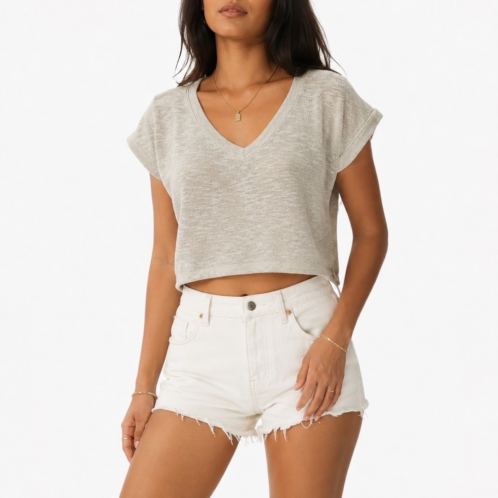 Zenana Crop Top Knit Women's Small Beige V Neck Dolman Sleeve Everyday Wear